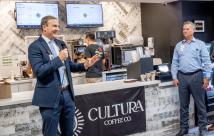 Cultura Coffee counter at the STHS Edinburg opening, with staff.